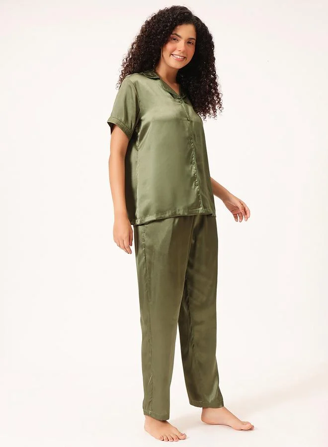 Clovia  Satin Button Down Shirt and Pyjama Set for Women | Best Price UAE